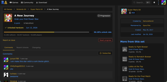 Wenn ein Achievement-Symbol auf der RetroAchievements-Webseite eine goldene Umrandung hat, dann wurde es im Hardcore-Modus freigeschaltet, also ohne gängige Emulator-Hilfen wie die Savestate-Funktion.  (Bild: Nintendo / Screenshot: Medienagentur Plassma)